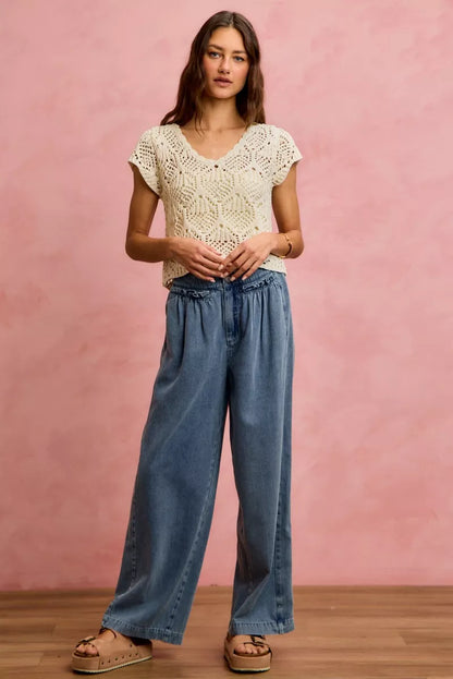 Women's Ruffle Front Mid Rise Wide Leg Jeans - Jeans