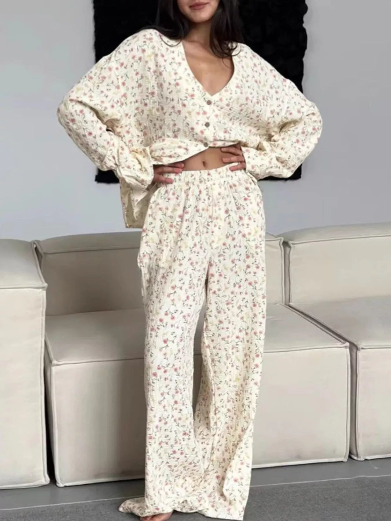 Floral Print Button-Down V Neck Top and Pants Loungewear Set - Floral Loungewear Sets