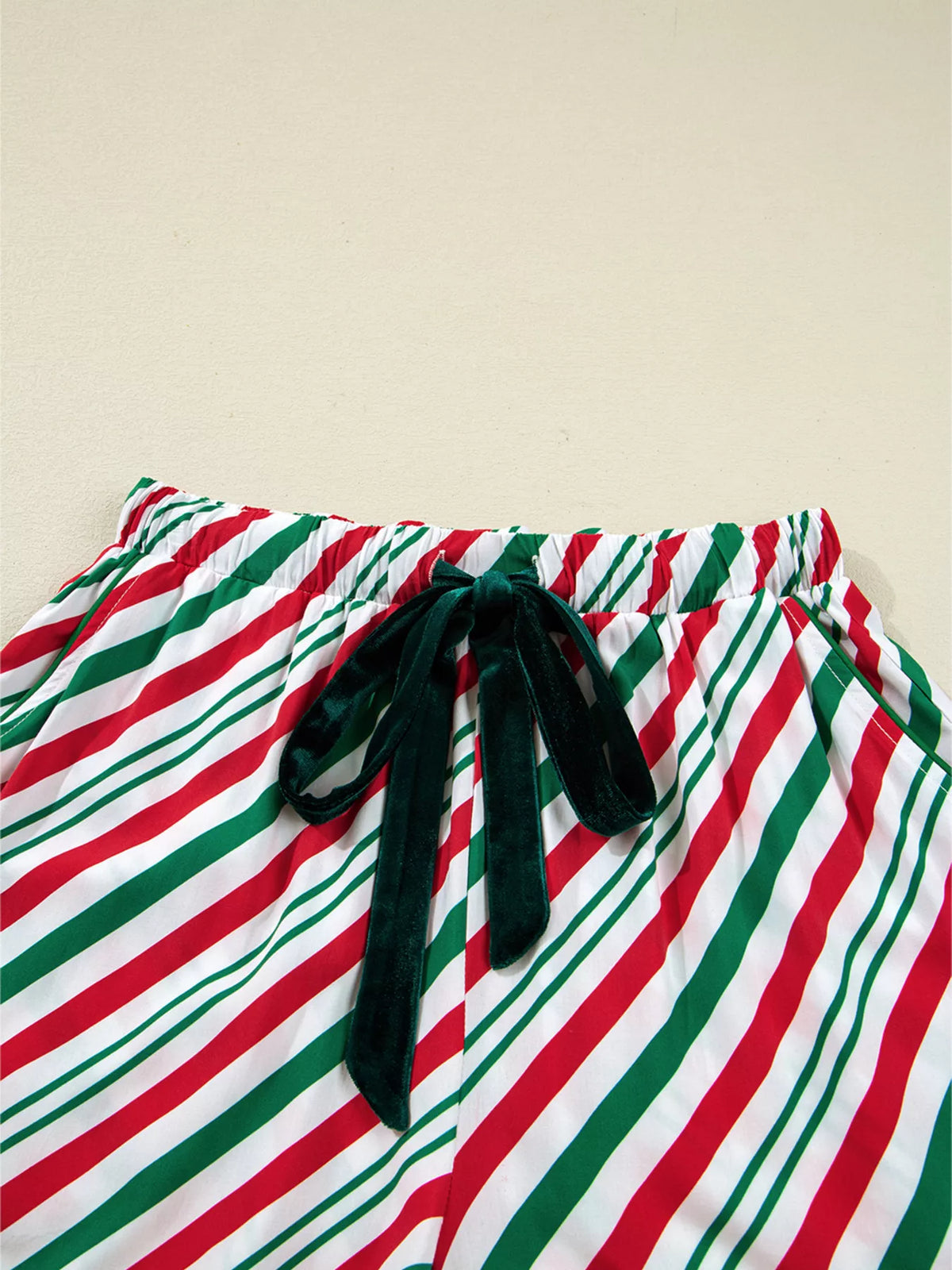 Striped Christmas Pajama Set with Velvet Ribbon Knots and Button-Front Top