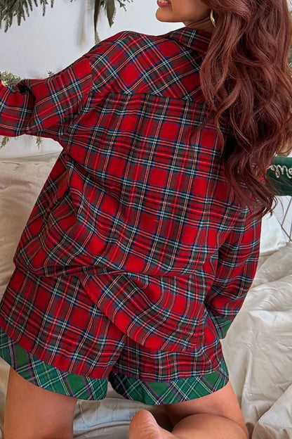 Plaid Christmas Pajama Set with Button-Front Shirt, Pockets and Drawstring Shorts