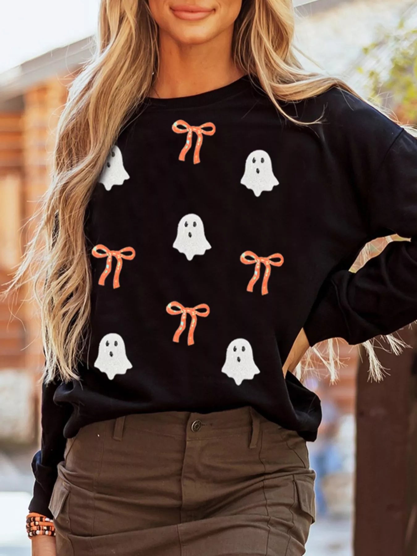 Halloween Ghost & Bows Sequins Drop Shoulder Sweatshirt Black
