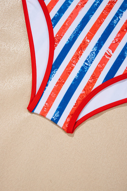Americana Stars & Stripes Cutout Spaghetti Strap One-Piece Swimsuit — Patriotic Floral Accent Summery Style - One-Piece Swimsuits