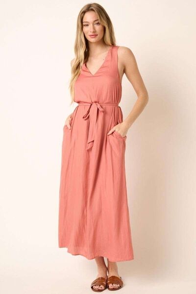 Cross Back Belted V Neck Tank Maxi Dress - Ro + Ivy