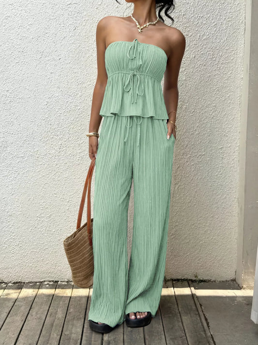 Women's Tube Top and Wide Leg Pants Set Gum Leaf
