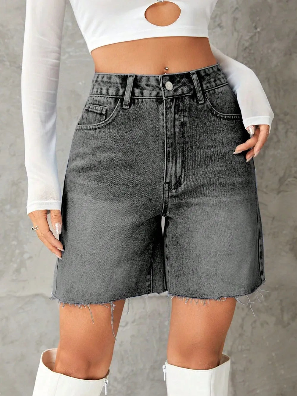 Frayed Hem Long Denim Shorts - Dark Gray Shorts
