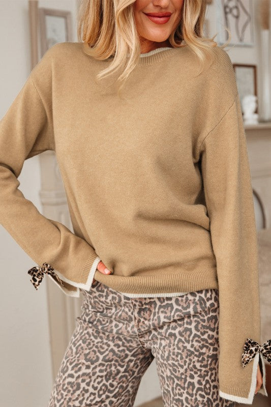 Leopard Bow Cuff Contrast Trim Sweater | Trendy Sweaters Outfit Idea for Women by Ro + Ivy | Elevated Basics, Modern Comfort & Style