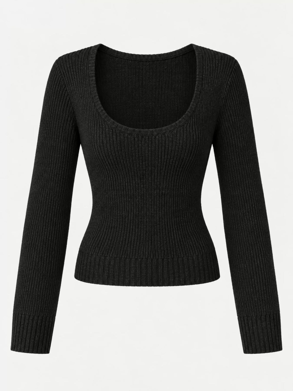 Scoop Neck Ribbed Knit Slim-Fit Sweater with Long Sleeves