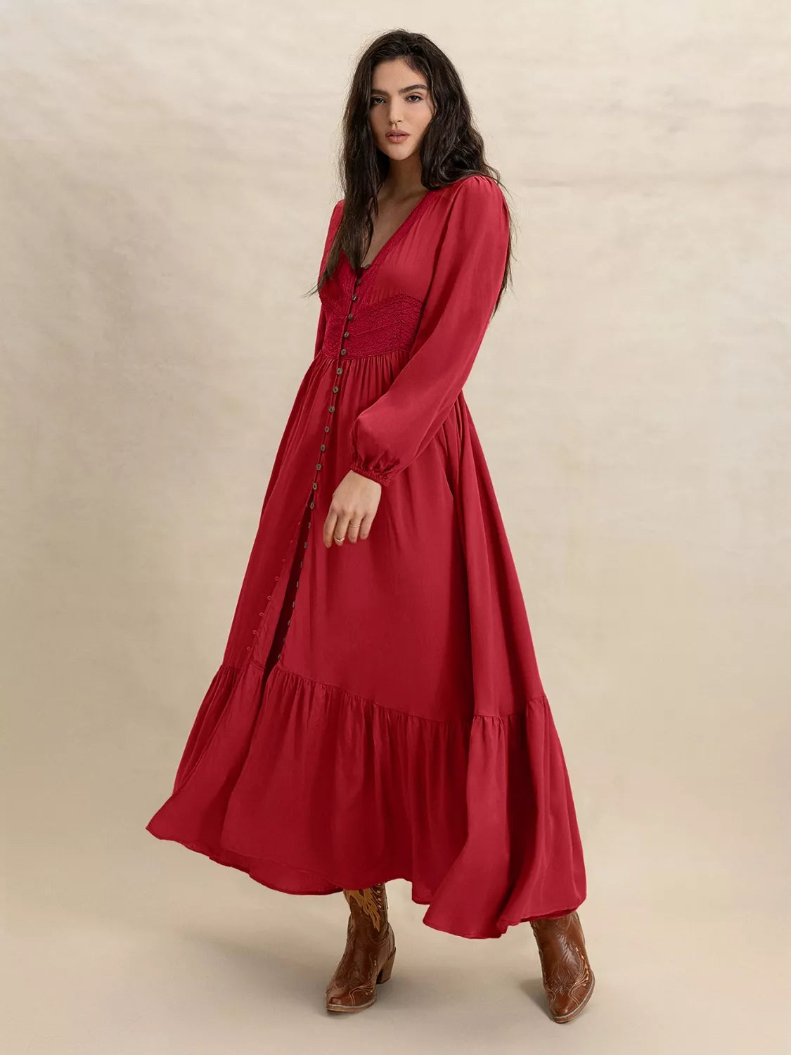 Women's Flowy V-Neck Balloon Sleeve Ruffled Hem Maxi Dress - Maxi Dresses
