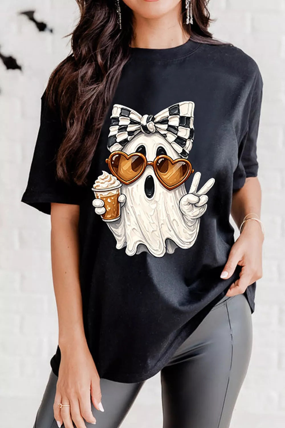 Halloween Checkered Bow Ghost Short Sleeve T-Shirt Black