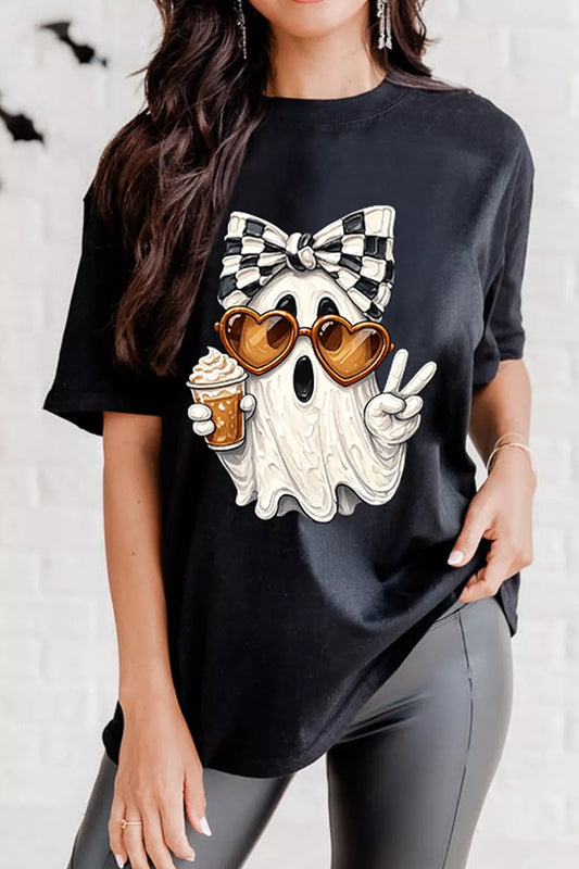 Halloween Checkered Bow Ghost Short Sleeve T-Shirt Black