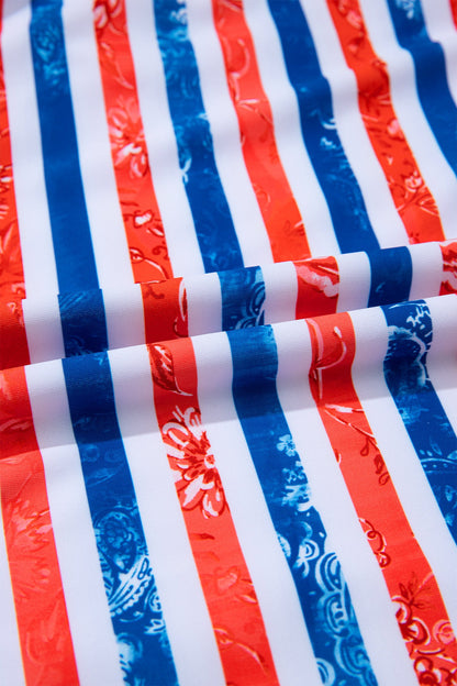 Americana Stars & Stripes Cutout Spaghetti Strap One-Piece Swimsuit — Patriotic Floral Accent Summery Style - One-Piece Swimsuits