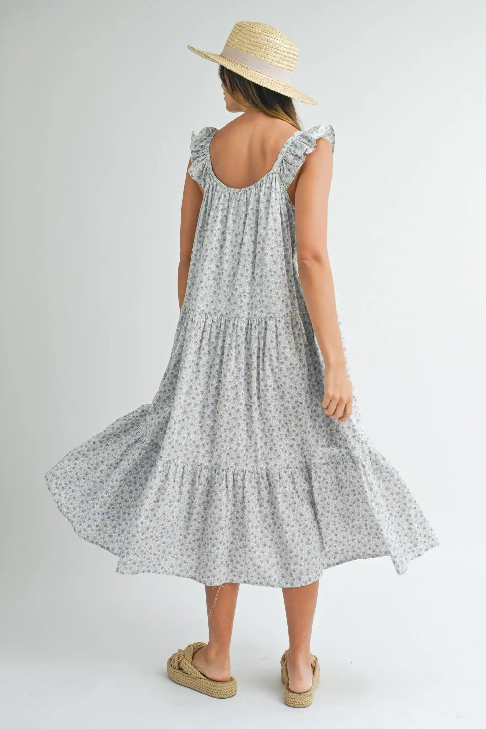 Floral Ruffle Shoulder Tiered Midi Dress - Midi Dresses
