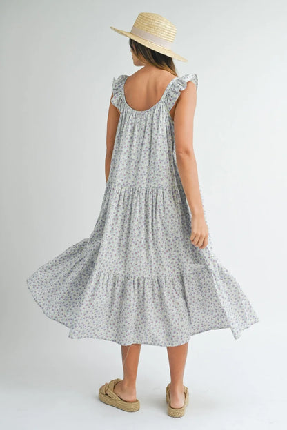 Floral Ruffle Shoulder Tiered Midi Dress - Midi Dresses