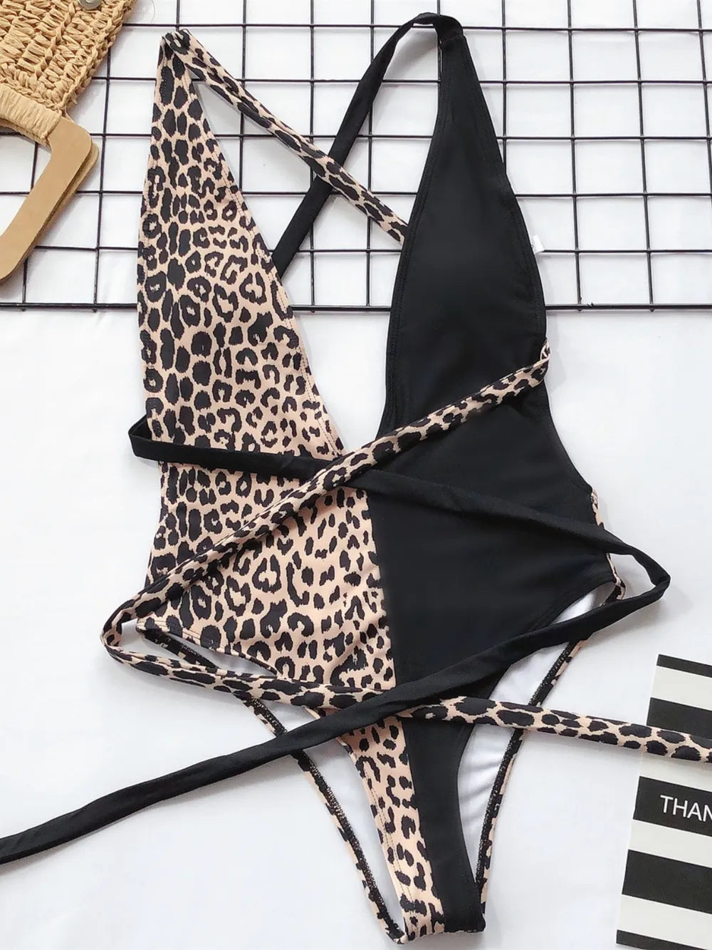 Women's Tied Leopard Print Plunge One Piece Swimwear - One-Piece Swimsuits