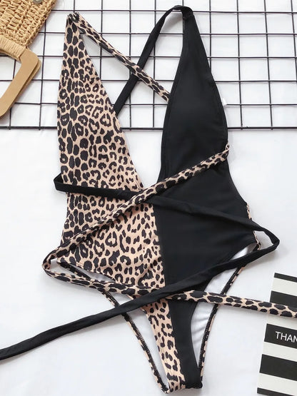 Women's Tied Leopard Print Plunge One Piece Swimwear - One-Piece Swimsuits