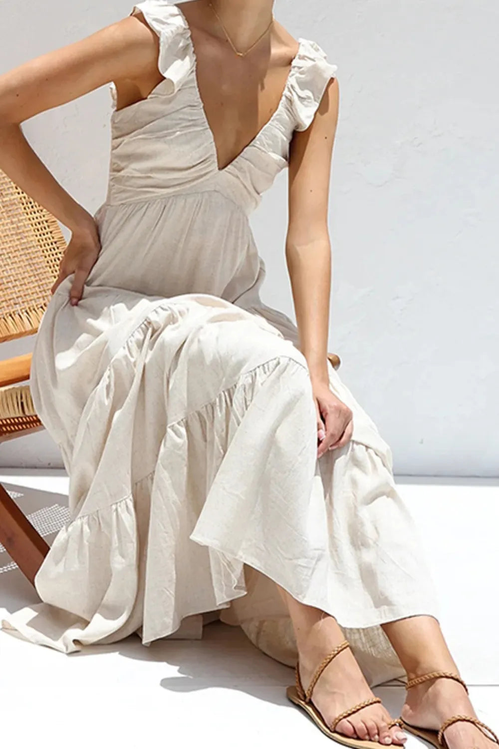 Women's Ruffled V-Neck Tiered Maxi Dress - Maxi Dresses