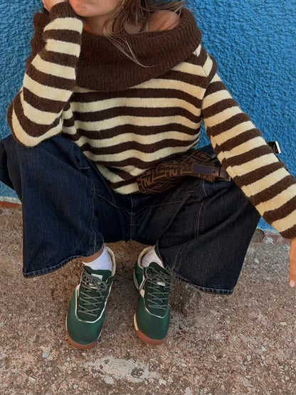 Off-Shoulder Striped Ribbed Knit Top with Long Sleeves