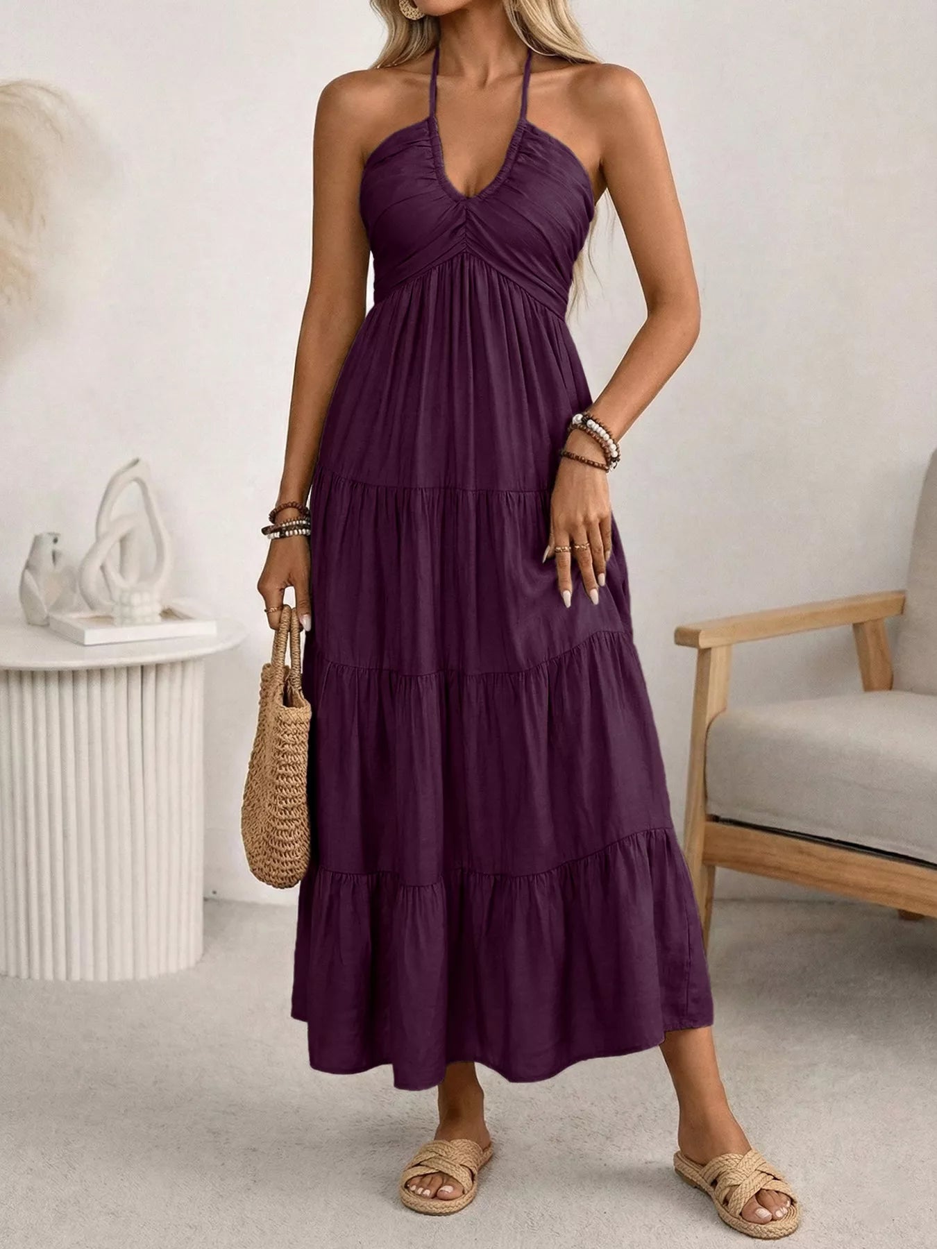 Women's Flowy Halter Neck Tiered Midi Dress - Plum Purple Midi Dresses