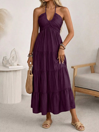 Women's Flowy Halter Neck Tiered Midi Dress - Plum Purple Midi Dresses