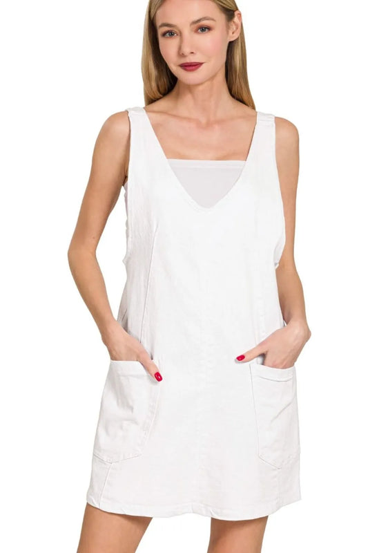 Washed Adjustable Strap Denim Overall Dress in White – WHITE outfit idea for women | Ro + Ivy