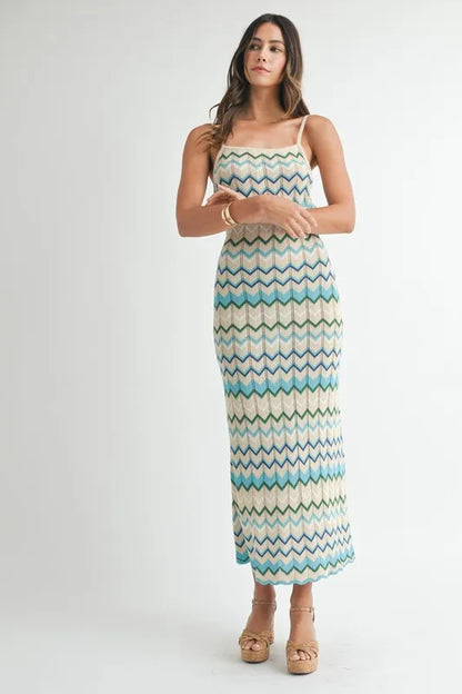 Lightweight Pointelle Chevron Knit Maxi Dress – outfit idea for women | Ro + Ivy