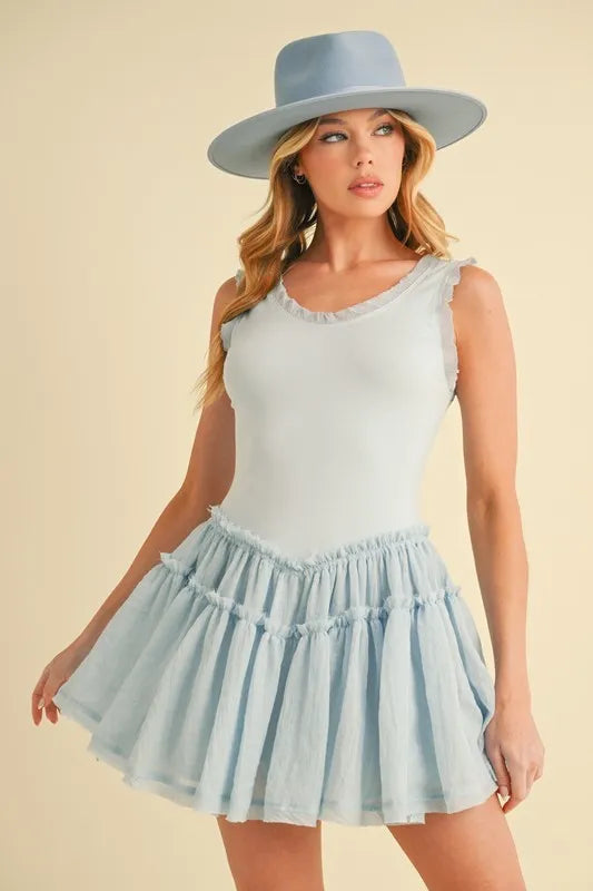 Frill Sleeveless Drop Waist Mini Dress in Blue – SKY outfit idea for women | Ro + Ivy