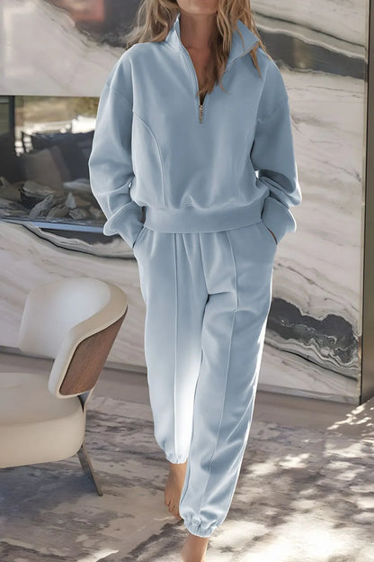 Women's Half Zip Long Sleeve Top and Joggers Set - Light Blue Activewear Sets