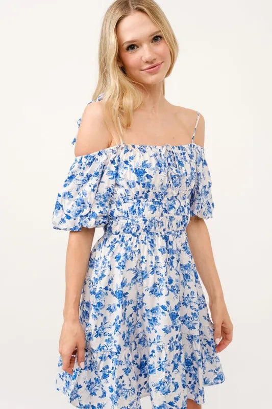Off Shoulder Bubble Sleeve Mini Dress – White Blue outfit idea for women | Ro + Ivy