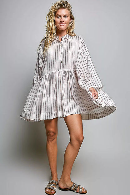 Women's Striped Gathered Waist Shirt Mini Dress - Mini Dresses