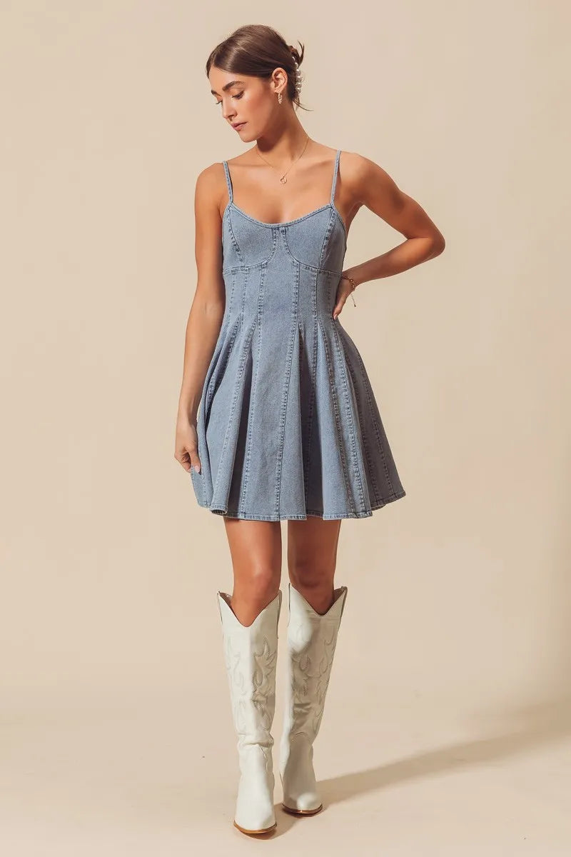 A Line Fit And Flare Denim Bow Ties Mini Dress | Trendy Mini Dresses Outfit Idea for Women by Ro + Ivy | Elevated Basics, Modern Comfort & Style
