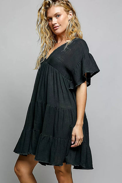 Women's Ruffle Shirred V-Neck Cotton Shirt Mini Dress - Mini Dresses