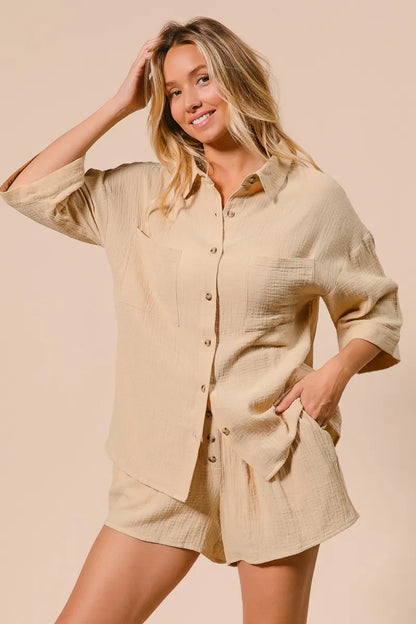Crinkle Gauze Shirt And Short Set – outfit idea for women | Ro + Ivy