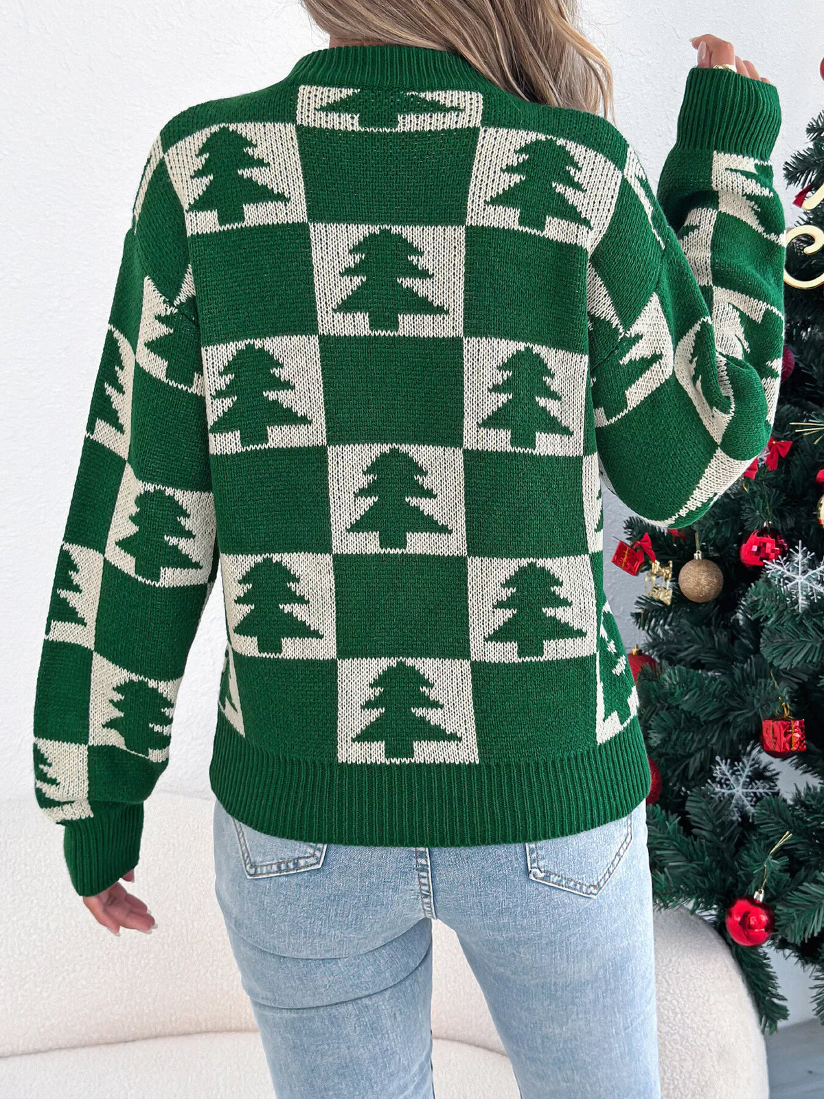 Christmas Tree Checkerboard Pattern Knit Sweater