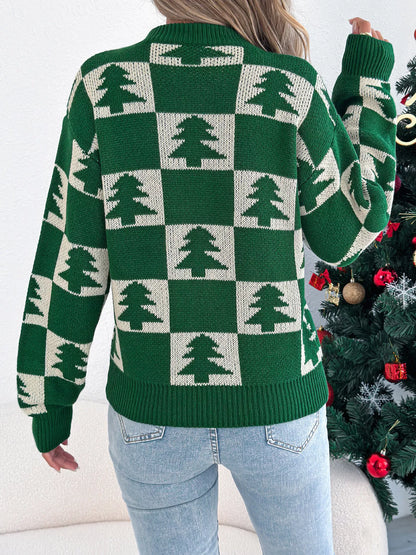 Christmas Tree Checkerboard Pattern Knit Sweater