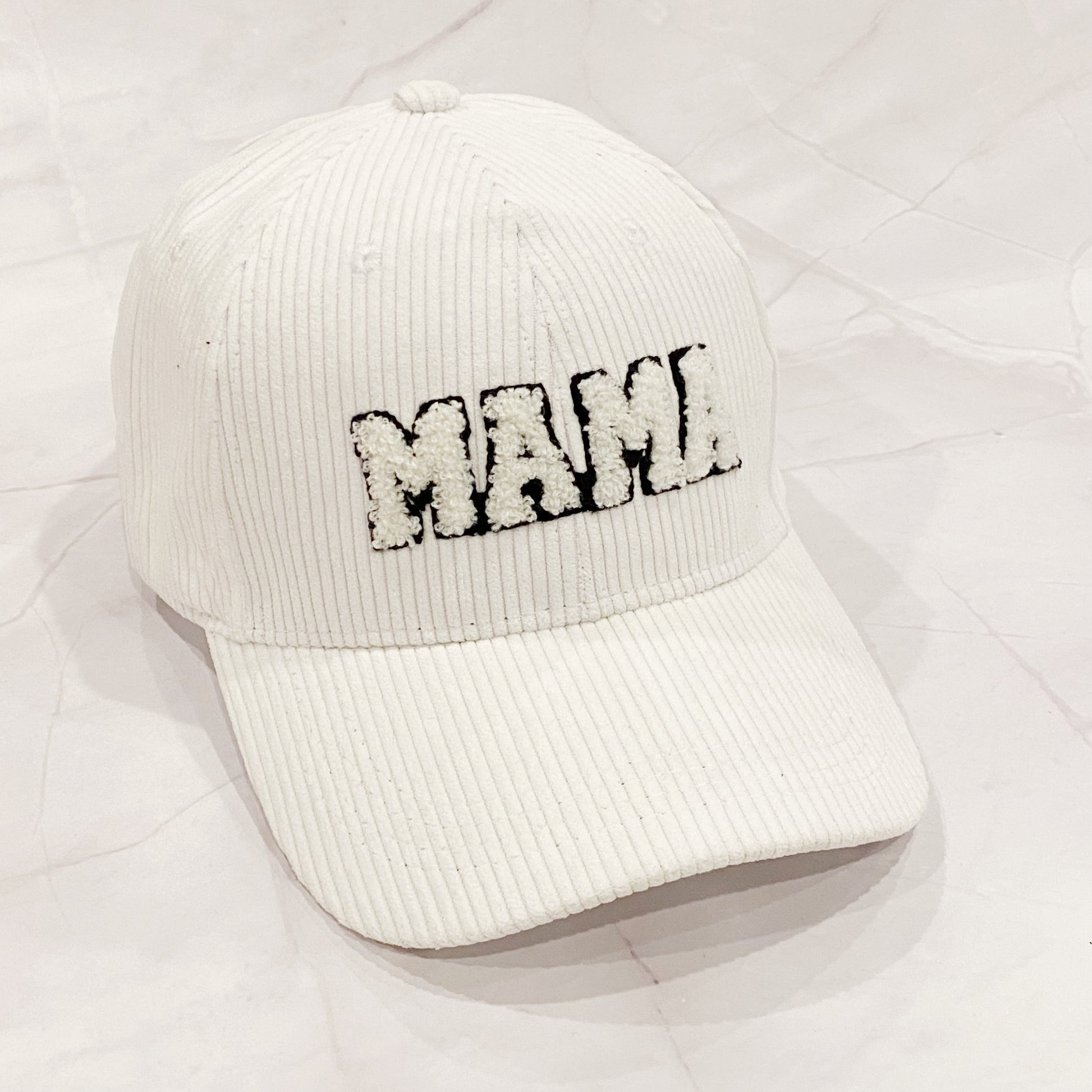 Corduroy MAMA Baseball Cap — Fuzzy Patch Letter Curved Brim Adjustable Fit - White Baseball Caps