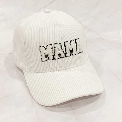 Corduroy MAMA Baseball Cap — Fuzzy Patch Letter Curved Brim Adjustable Fit - White Baseball Caps