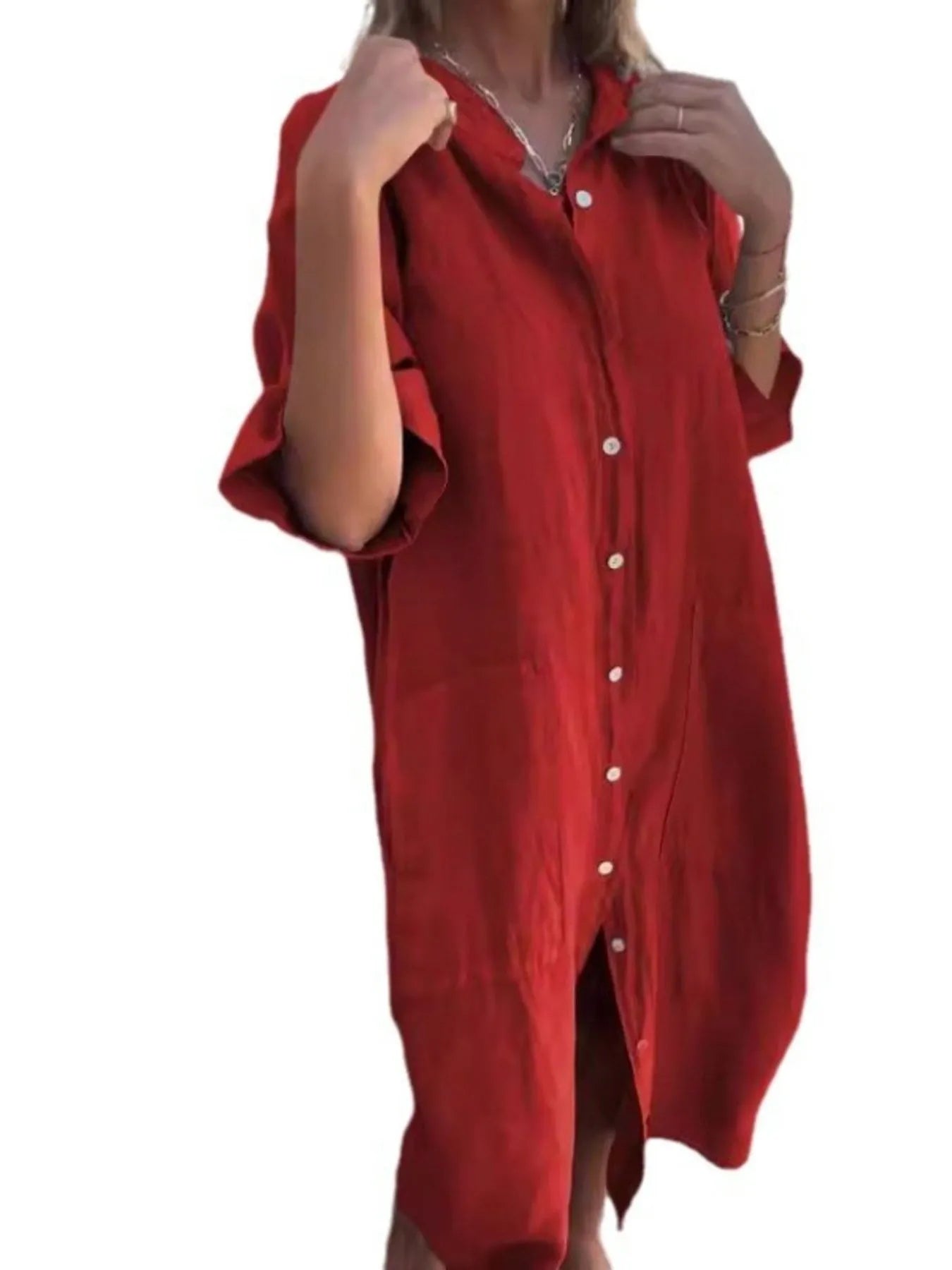 Women's Linen Button Down Shirt Mini Dress - Red Mini Dresses