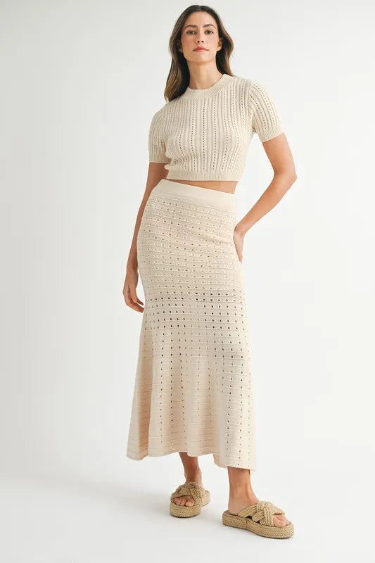 Pointelle Knit Crop Top & Front Slit Midi Skirt Sweater Set — Textured Edgy Two-Piece Style - Cream Outfit Sets