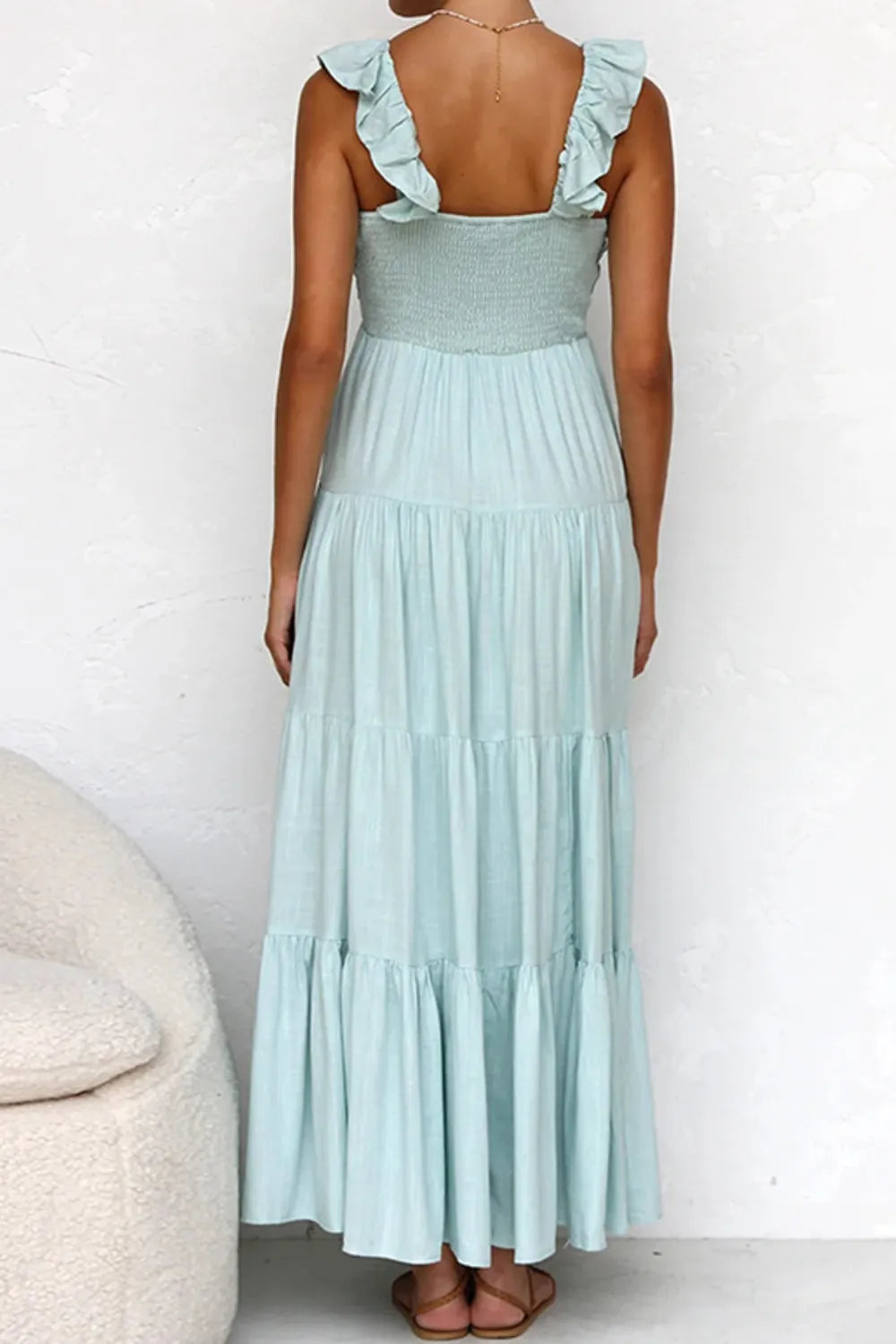 Women's Ruffled V-Neck Tiered Maxi Dress - Maxi Dresses