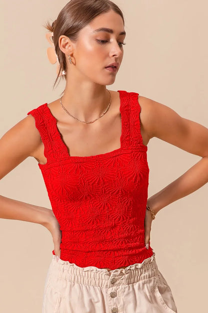 RED Floral Jacquard Sleeveless Tank Top in Red | Trendy Tops Outfit Idea for Women by Ro + Ivy | Elevated Basics, Modern Comfort & Style