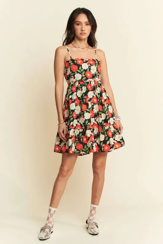 100% Cotton Scalloped Floral Mini Dress - Mini Dresses