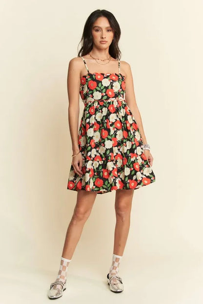 100% Cotton Scalloped Floral Mini Dress - Mini Dresses