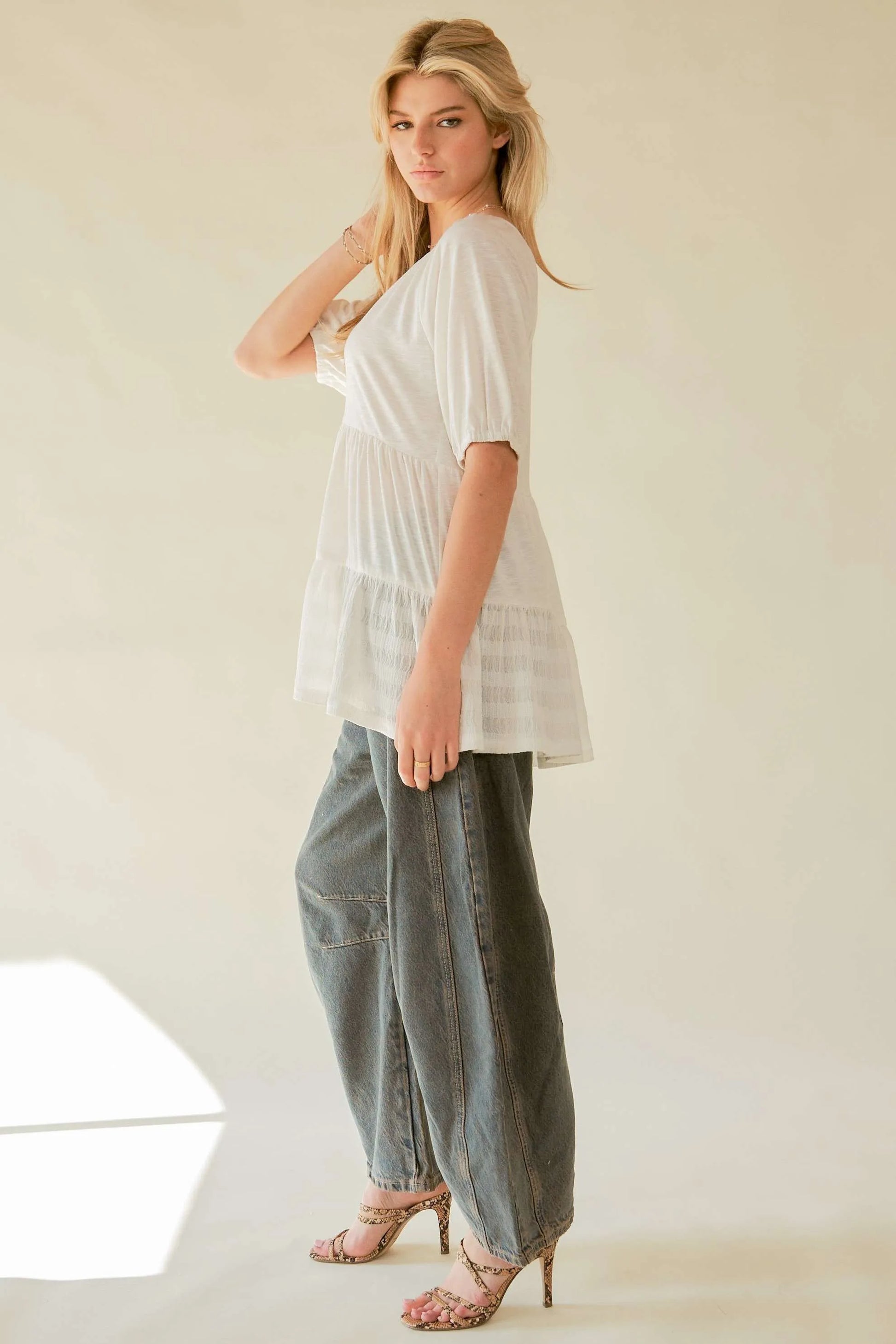 Ruffled Flared Short Sleeve V Neck Blouse – outfit idea for women | Ro + Ivy