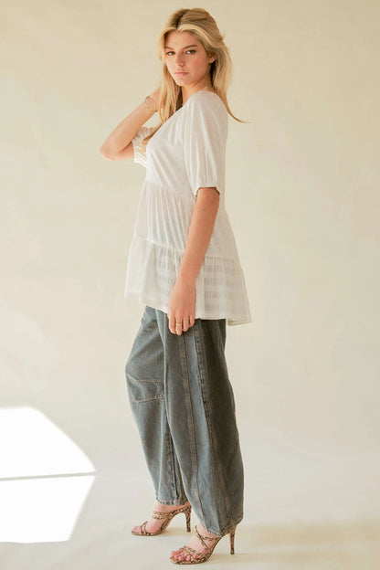 Ruffled Flared Short Sleeve V Neck Blouse – outfit idea for women | Ro + Ivy