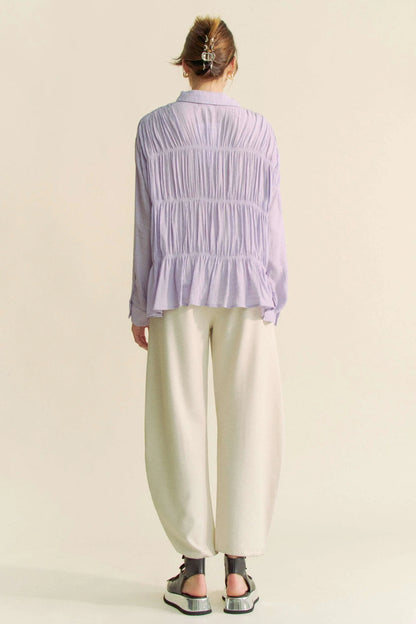Ruched All Over Button Front Shirt – outfit idea for women | Ro + Ivy