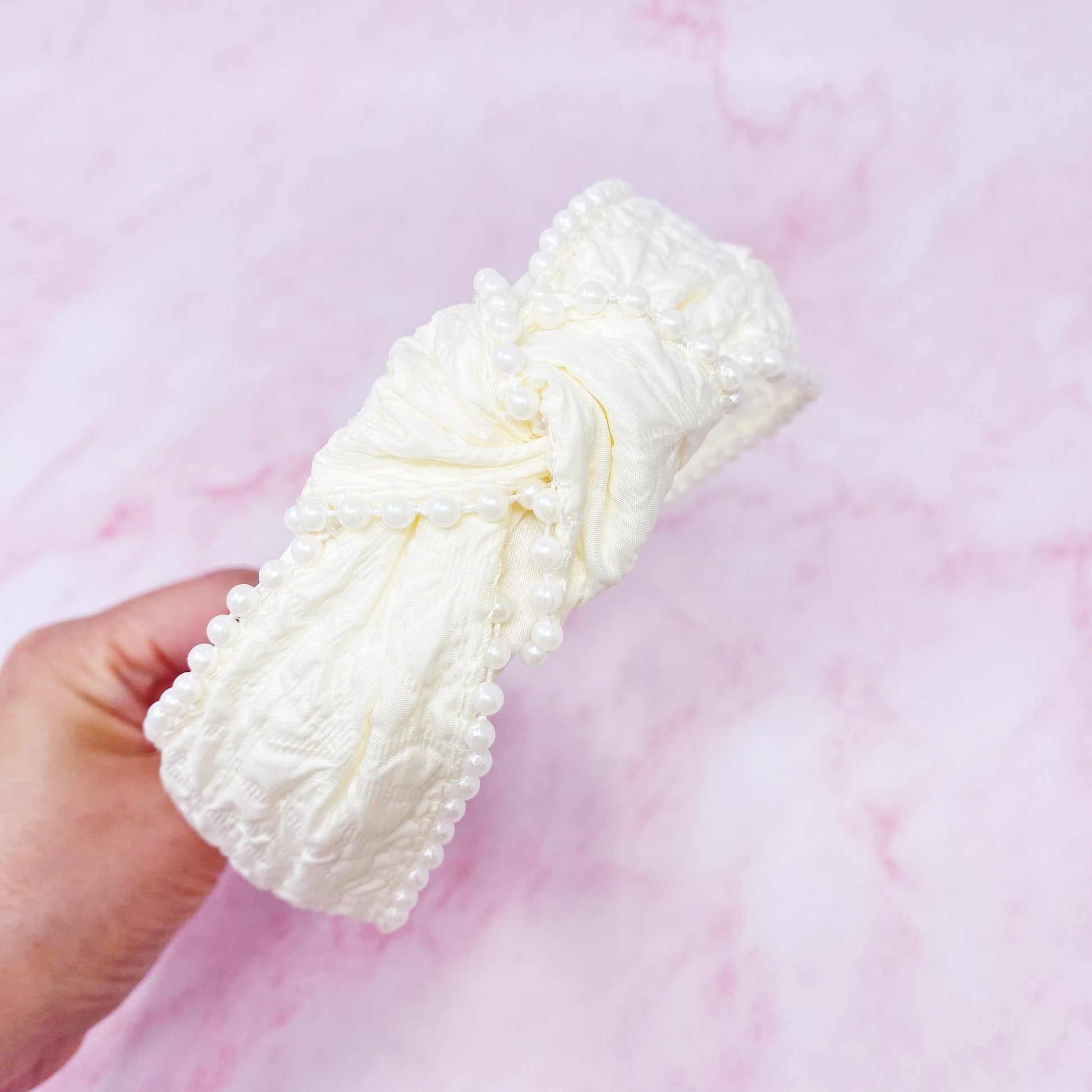 Knotted Pearl Embellished Headband — Embossed Fabric Structured Fit - Headbands