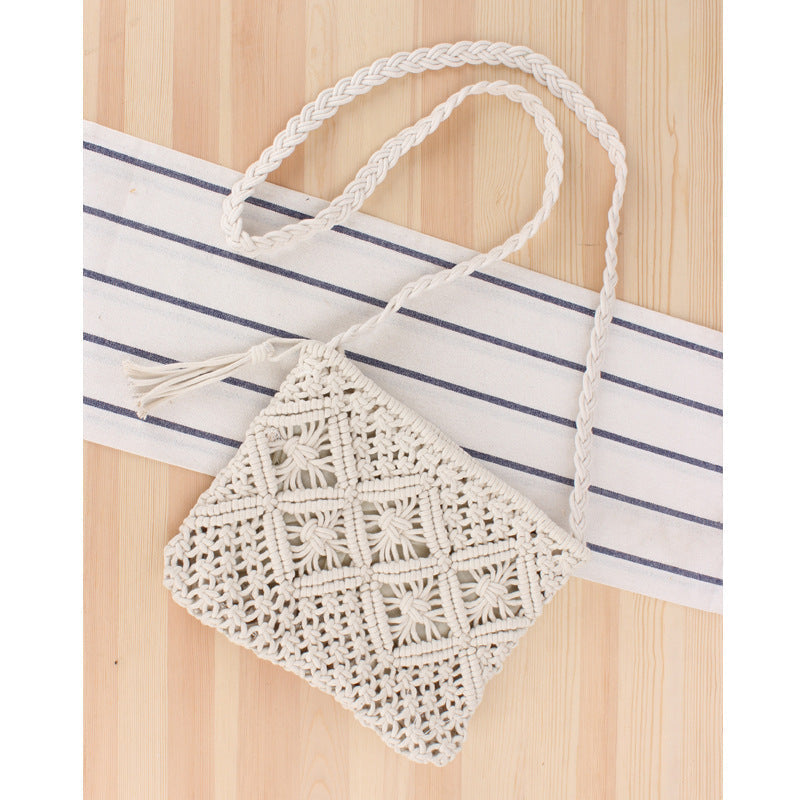 Macrame Woven Tassel Cotton Crossbody Bag — Boho Chic Everyday Carry Style - White