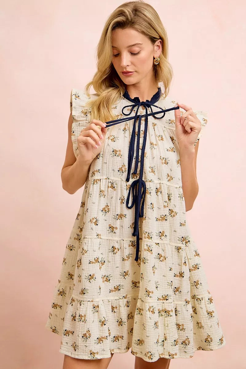 Women's Floral Tiered Ruffle Front Tie Mini Dress - Mini Dresses