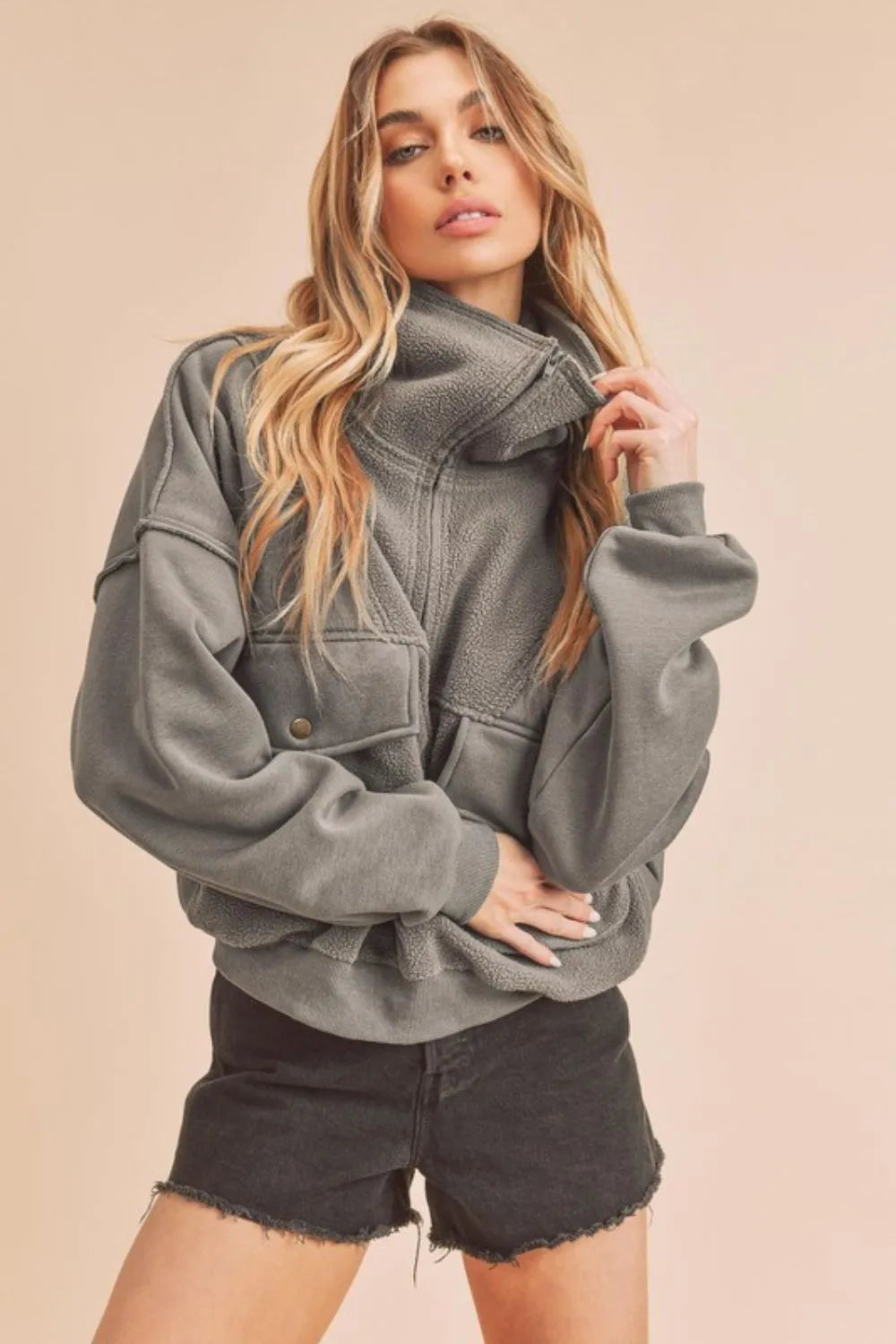 Dark Gray Exposed Seam Half Zip Sweatshirt With Pockets | Trendy Sweatshirts Outfit Idea for Women by Ro + Ivy | Elevated Basics, Modern Comfort & Style