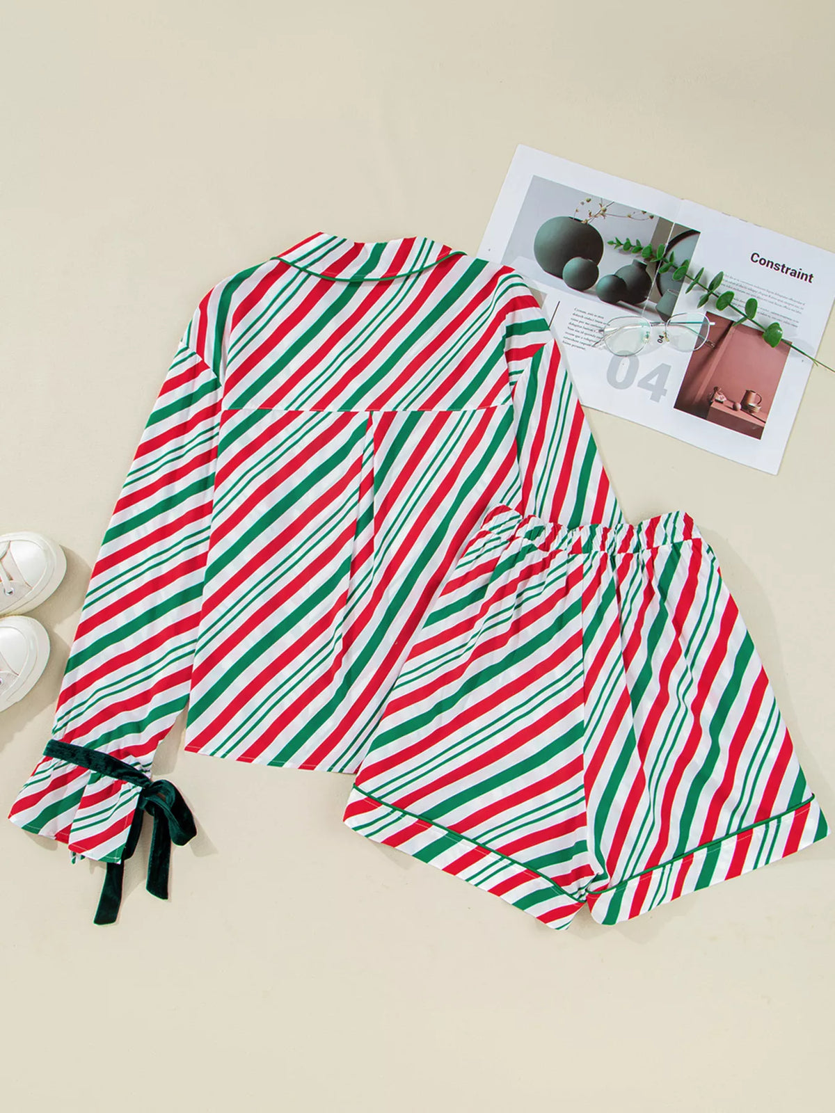 Striped Christmas Pajama Set with Velvet Ribbon Knots and Button-Front Top